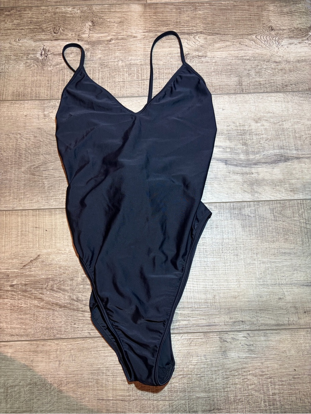 Classic Black V-Neck One-Piece Swimsuit with Slim Straps - Picture 2 of 5